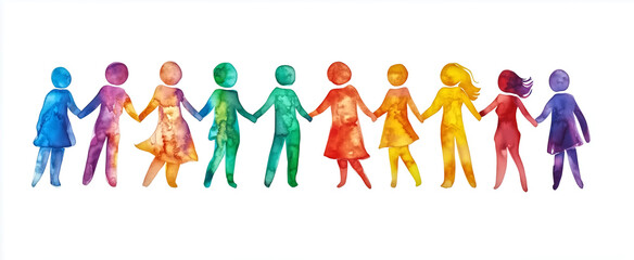 A group of colorful abstract figures holding hands in a circle,