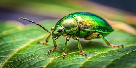 Naklejka premium Green bug Chlorochroa pinicola on a leaf in the forest, shot with a fisheye lens