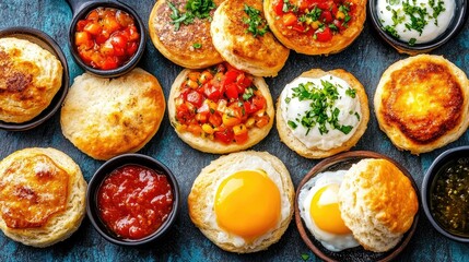 A colorful assortment of biscuits topped with various ingredients, showcasing a delicious breakfast spread.