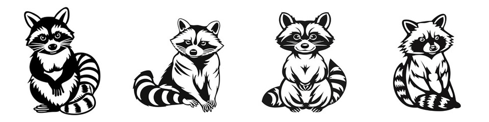 Obraz premium Cute raccoon illustrations in various poses, perfect for stickers and decorations on a white isolated background.