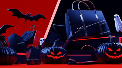 This vibrant Halloween-themed banner showcases black pumpkins, spooky bats, and playful ghosts, designed to attract shoppers during the festive season. Perfect for promotions