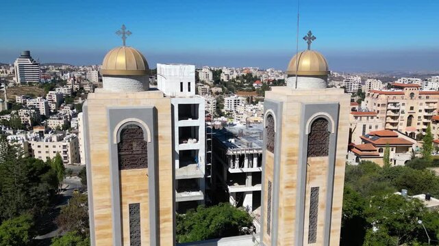 Twin towers of the Archangel Michael Coptic Christian Church in downtown Ramallah in Palestine