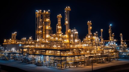 Industrial facility illuminated at night, showcasing machinery and infrastructure.