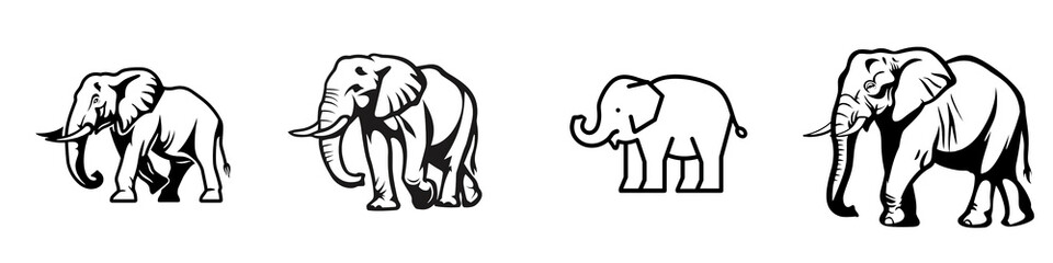Obraz premium Four playful elephant illustrations on white isolated background.