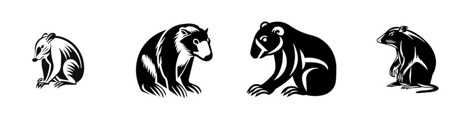 Fototapeta premium Four unique bear silhouettes in various poses, white isolated background.