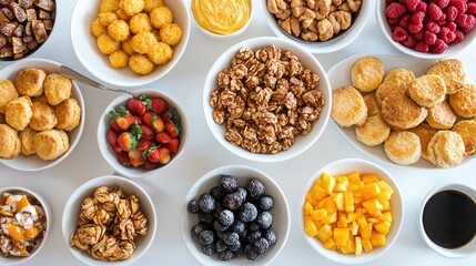 A colorful assortment of snacks and fruits arranged in bowls for a vibrant presentation.