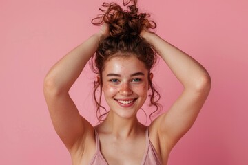 Fototapeta premium A young woman with distinctive freckles on her forehead, ideal for use in beauty or lifestyle content