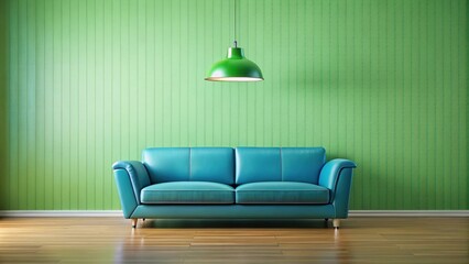 Green couch with blue lamp hanging above
