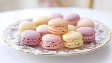 Fototapeta premium A plate of colorful macarons in pastel shades, perfect for dessert or a sweet treat.