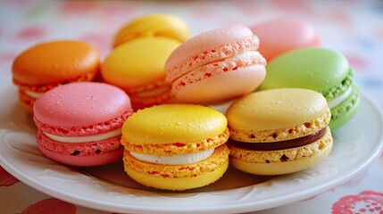 Fototapeta premium A colorful assortment of macarons arranged on a plate, showcasing various flavors and colors.