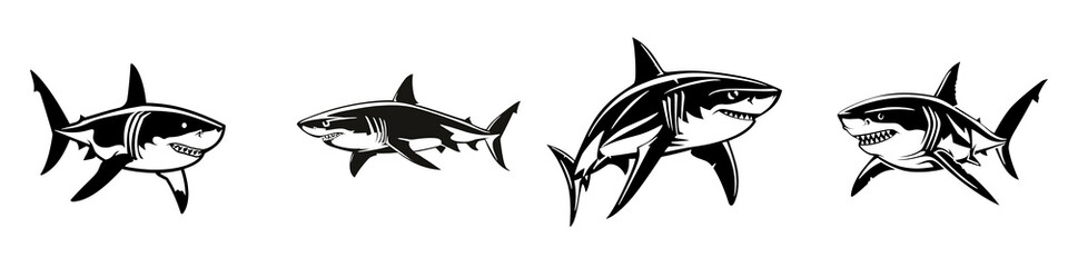 Fototapeta premium Sharks swimming in various poses on a white isolated background.