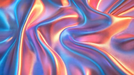Iridescent fabric with smooth folds and vibrant holographic colors in abstract close-up	