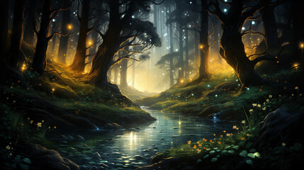 A serene forest scene illuminated by soft, golden light, with gentle stream reflecting glow. enchanting atmosphere is filled with magical fireflies and lush greenery.