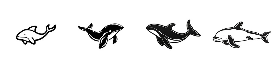 Fototapeta premium Various whale silhouettes on a white isolated background.