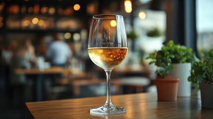 A glass of white wine on the table in an empty modern restaurant 
