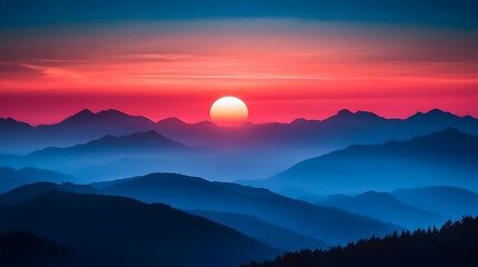 Fototapeta premium Breathtaking Sunset Over Serene Mountain Landscape