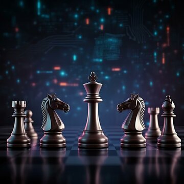 Abstract background of digital ai leadership strategy innovation planning. Plan for future business competition using blue chess set King , queen and horse to present business war game concept