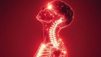 Naklejka premium Digital illustration of human anatomy with glowing nerves and spine, showcasing medical and technological concepts in radiant red.