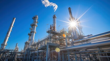 Fototapeta premium Industrial facility with tall towers and pipes under a clear blue sky and sunlight.