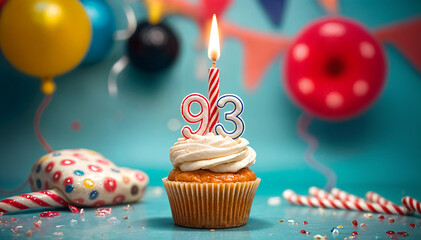 Birthday cupcake with burning lit candle with number 93. Number ninety-three for ninety-three years or ninety-third anniversary.
