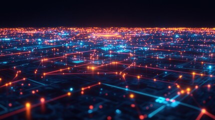 Obraz premium A digital landscape filled with glowing nodes and interconnected lines, representing data networks.