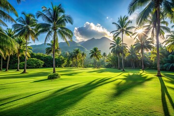 Green lawn with mountains, forest, palm trees, and shadows