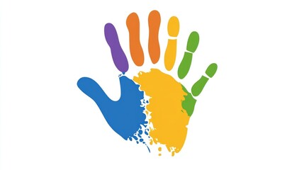 Obraz premium A vibrant handprint of colorful paint drips onto a white surface, showcasing artistic expression and creativity in every hue