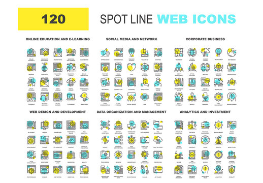 Vector set of 120 spot line web icons on following themes - online education, social media and network, corporate business, web design and development, data management, analytics and investment