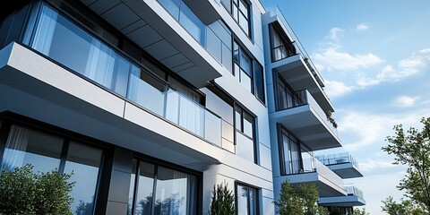 Modern block of flats in a green area. residential apartment with a flat building exterior. luxury house complex. Part of City Real estate property, condo architecture. apartment insurance concept.