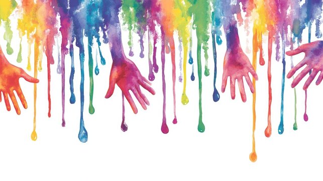 A vibrant handprint of colorful paint drips onto a white surface, showcasing artistic expression and creativity in every hue