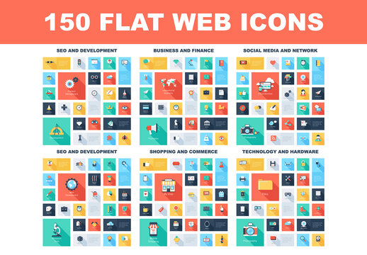 150 Flat web icons - SEO and development, social media and network, business and finance, shopping and commerce, technology and hardware