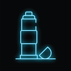 Blue neon sign depicting a reusable bottle with its lid open, set against a black background