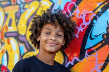 A young boy stands in front of a colorful graffiti wall, with vibrant street art and urban scenery