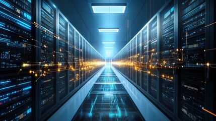 A futuristic server room with glowing data pathways and rows of high-tech servers.