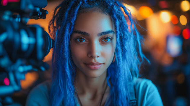A woman with blue hair is smiling at the camera - Powered by Adobe