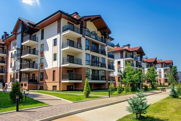 Obraz premium High-rise residential building with multiple levels of balconies, perfect for cityscape or architecture photography