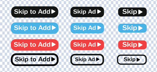 Fototapeta premium Skip ad button set. Skip ad icon in neomorphs style. Icons for business, white UI, UX. Ad symbol. Black button skip ad for website. Vector icon.