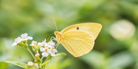 Fototapeta premium A vibrant yellow butterfly rests delicately on white flowers amidst a lush green background, symbolizing nature's beauty and tranquility.