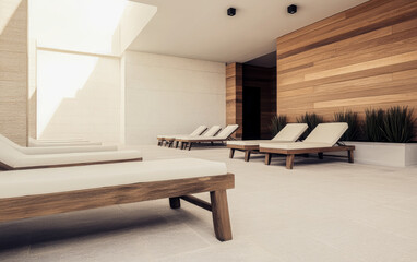 Modern indoor relaxation area with sun loungers and natural light in a serene setting