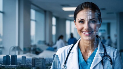 Portrait of smiling female doctor with stethoscope against cityscape