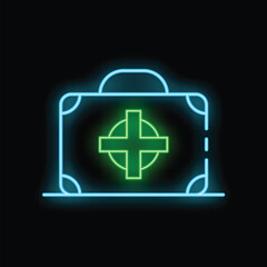 Fototapeta premium Glowing neon line first aid kit icon isolated on black background. Medical box with cross. Medical health care. Concept illustration. Vector