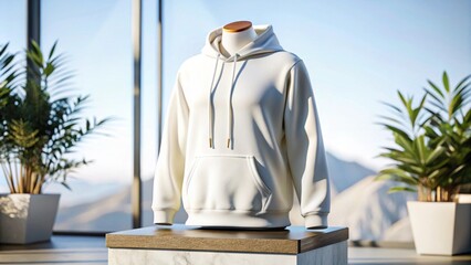 mockup 3d white plain hoodie with mannequin placed on podium, isolated neutral background,