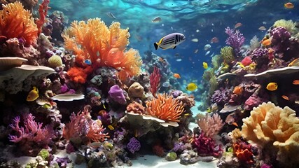 Vibrant and Lively Coral Reef Underwater Scene with Colorful Marine Life, Perfect for Ocean, Nature, and Environmental Conservation Designs or Marine Biology Concepts