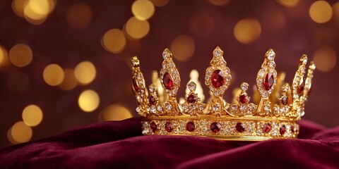 A golden crown adorned with red jewels sits on a plush surface, surrounded by soft bokeh lights, exuding elegance and luxury.
