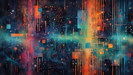 Obraz premium Abstract digital art with neon colored lines, shapes and dots on a dark blue background.