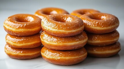 piles of glazed donuts stacked creatively on a white background emphasizing their sweetness and tempting glaze ideal for food photography