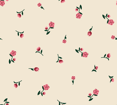 Seamless floral pattern with roses. Cute floral print in the small flowers on beige baskground. 
