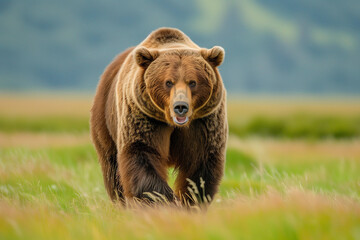 Fototapeta premium Brown Bear in North American Rivers and Plains Captured in Natural Habitat Highlighting Wildlife Conservation Efforts of Large Grizzly Predator