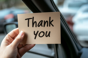 A hand holding a thank you card inside a car with a parking lot visible through the window. The card expresses appreciation, set in a calm, everyday moment within a vehicle.