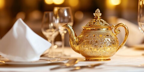 A lavish golden teapot sits elegantly on a dining table, surrounded by fine glassware and a neatly folded napkin, creating a luxurious dining ambiance.